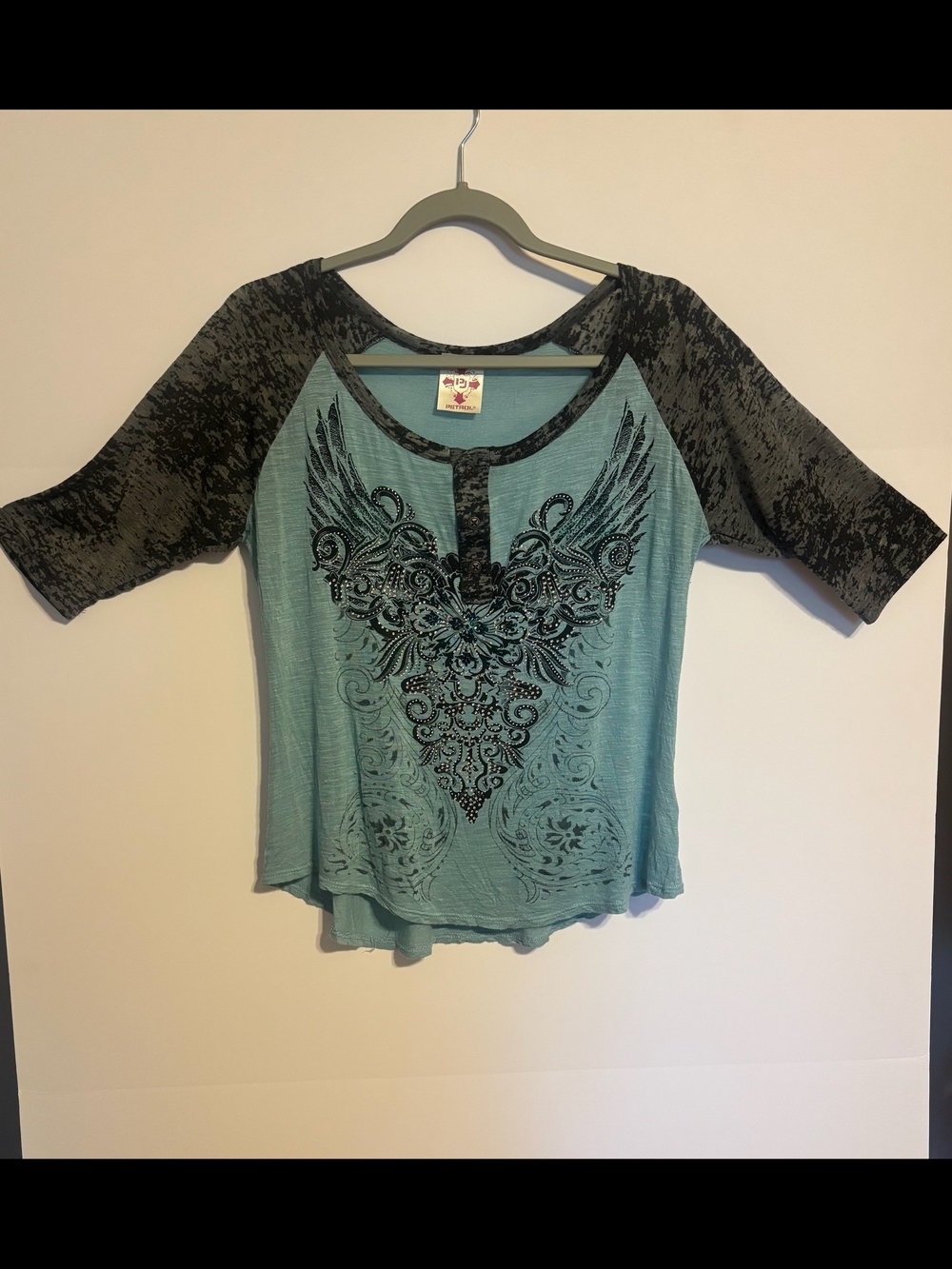 Desigual Teal and Black Raglan Sleeve Tee with Wing Graphic